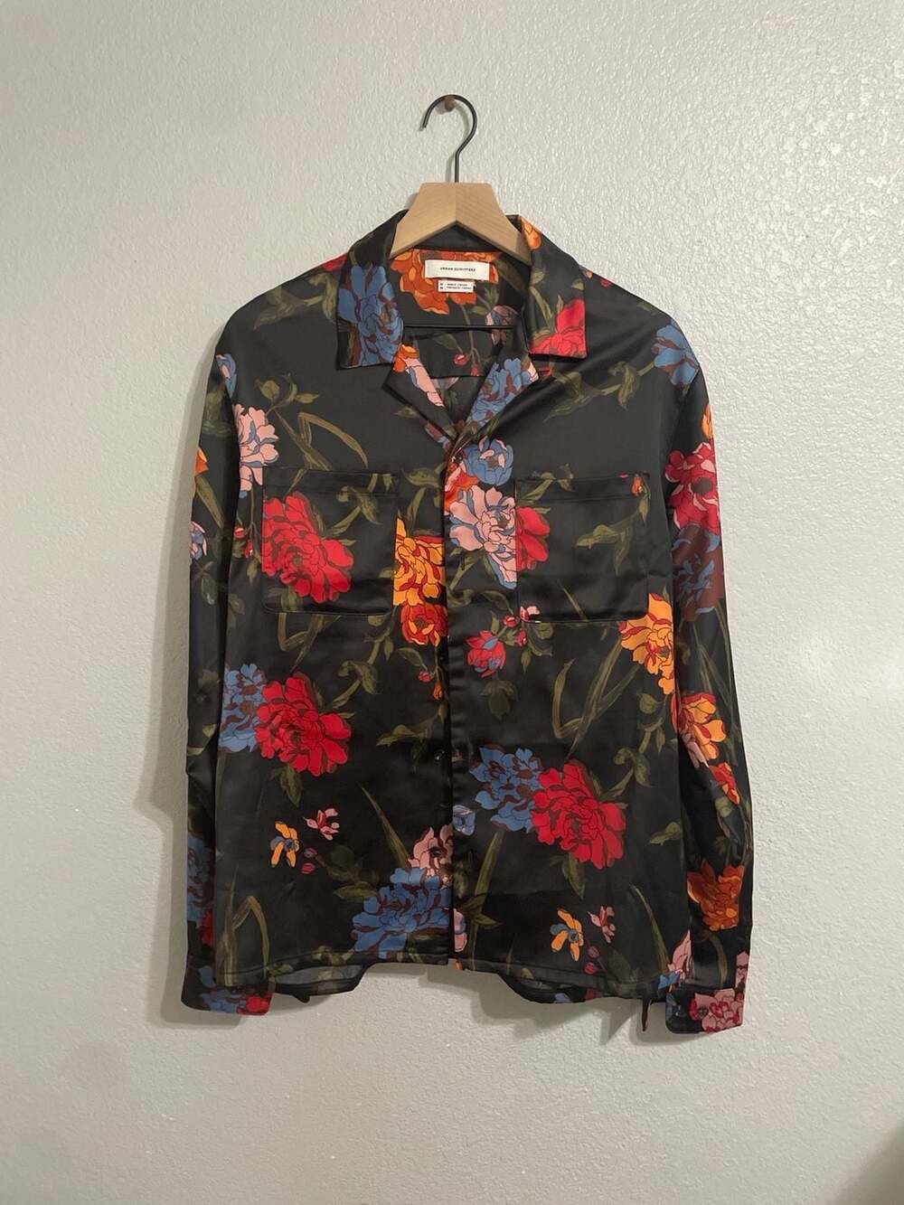 Urban Outfitters Men's Satin Floral Camp Collar Button Down Shirt